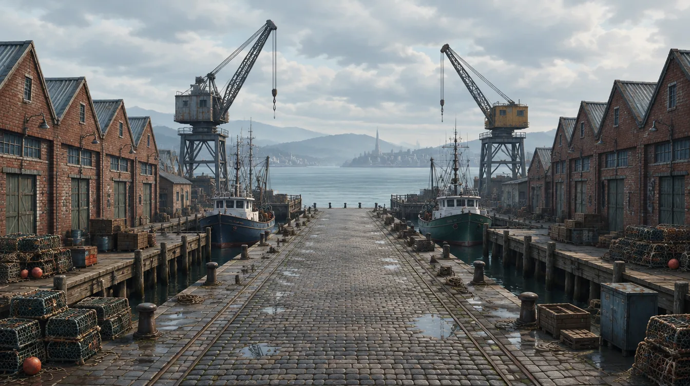 Cannery Wharf: jalan dermaga berbatu di antara gudang pengalengan bata dan dua derek. Separuh kiri bernuansa siang jingga, separuh kanan malam ungu.