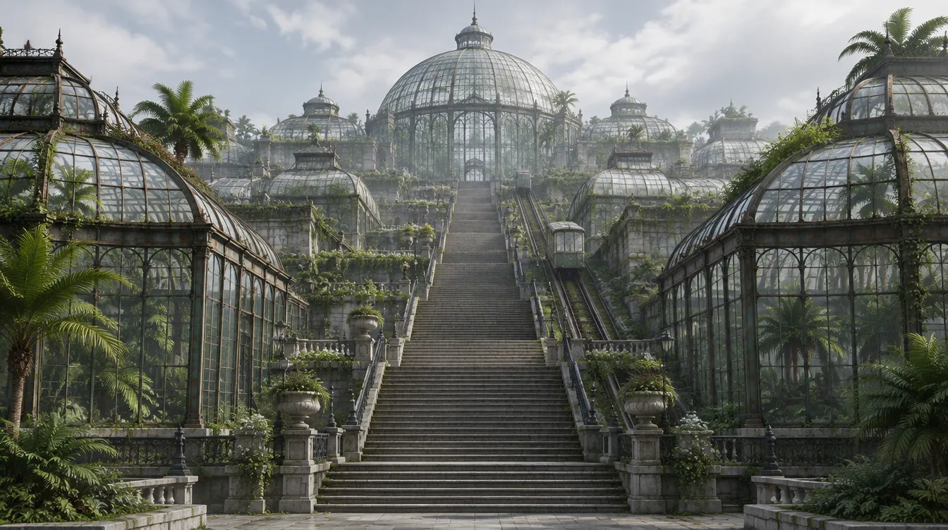 Glasshouse Hill: tangga batu di tengah bukit berteras penuh rumah kaca berangka besi, kubah kaca besar di puncak.