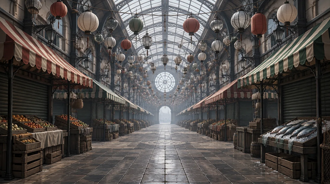 Lantern Market: lorong pasar beratap kaca dan besi, lapak bertenda bergaris, ratusan lampion digantung melintang.