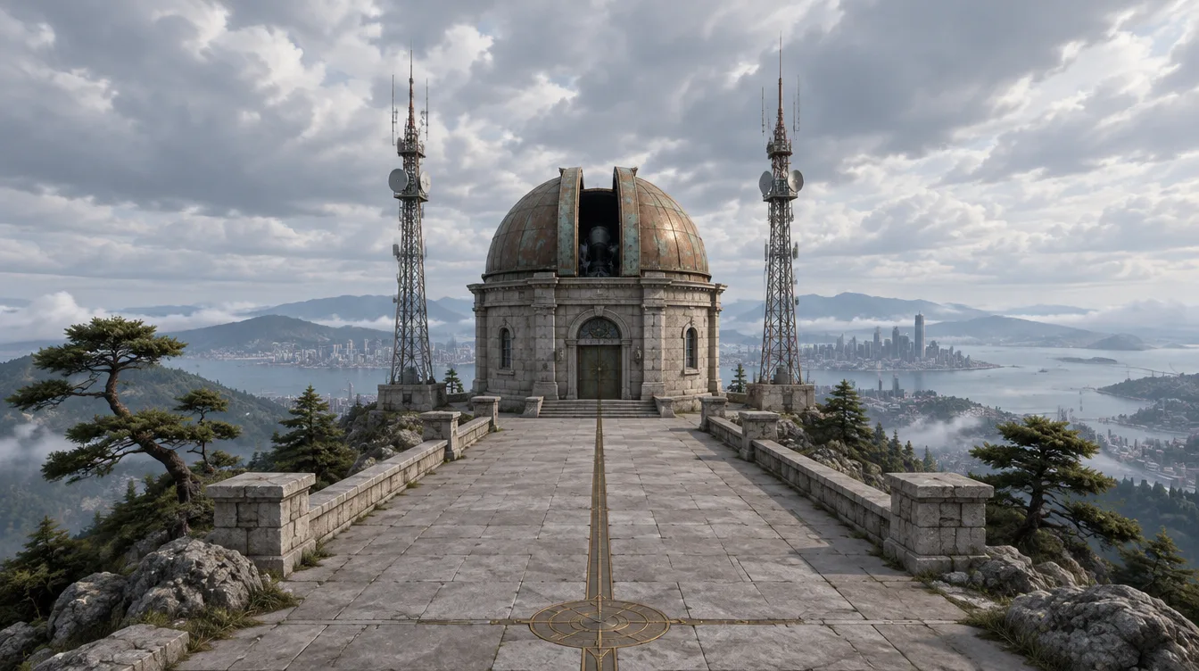 Meridian Heights: observatorium batu berkubah tembaga di punggung bukit, diapit dua menara radio, garis kuningan di lantai menuju pintunya.